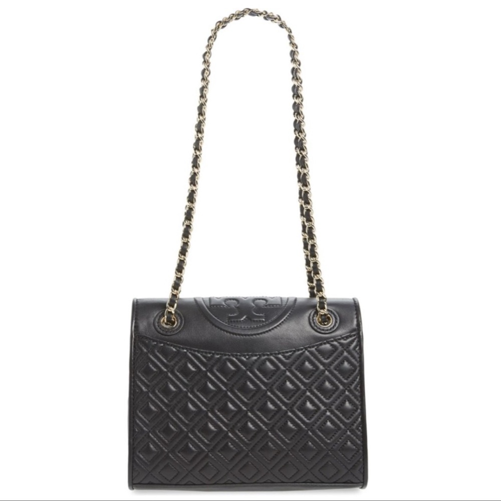 SALE!TORY BURCH MEDIUM BLACK PATENT SAFFIANO LAMBSKIN FLEMING CROSSBODY